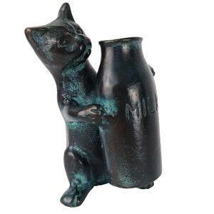 Vintage San Pacific Intl Bronze Cat With Milk Bottle Heavy Flower Vase Kitty